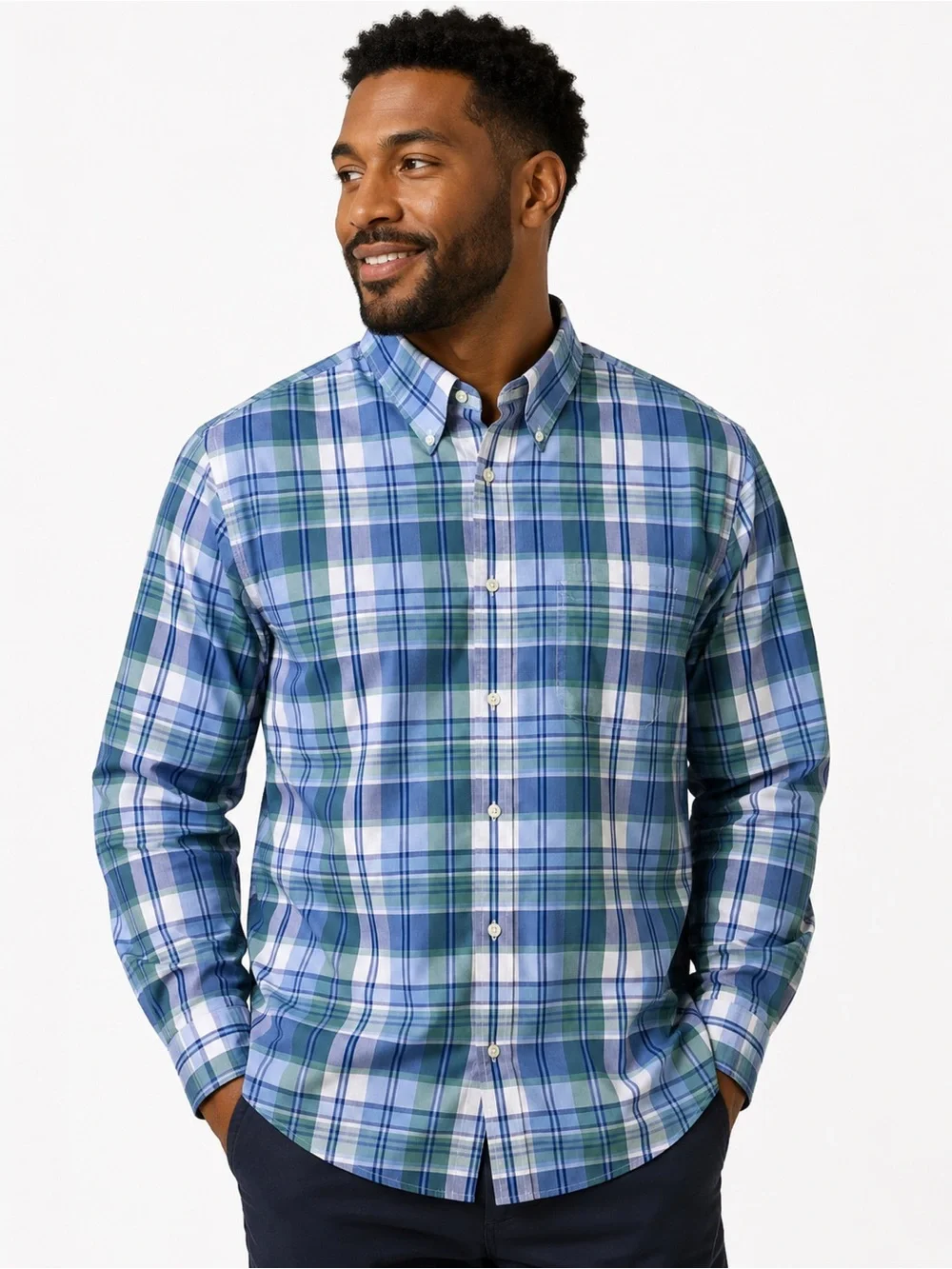 Men's Blue and Green Plaid Button-Down Shirt
